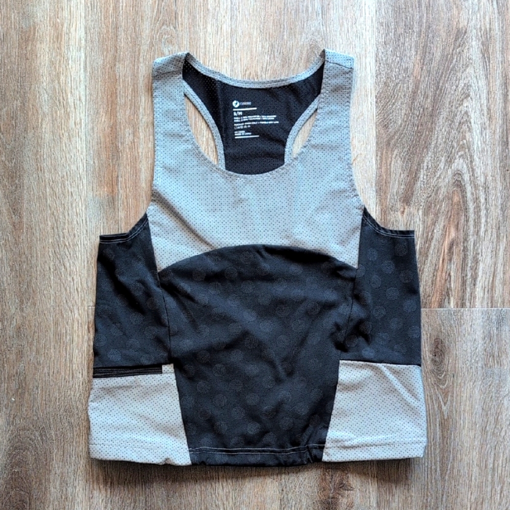 Black and Gray Sleeveless Crop Tank Top with Cut Out Features